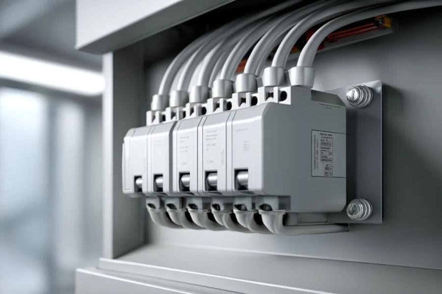 Close-up of surge protection devices wired into an electrical enclosure.