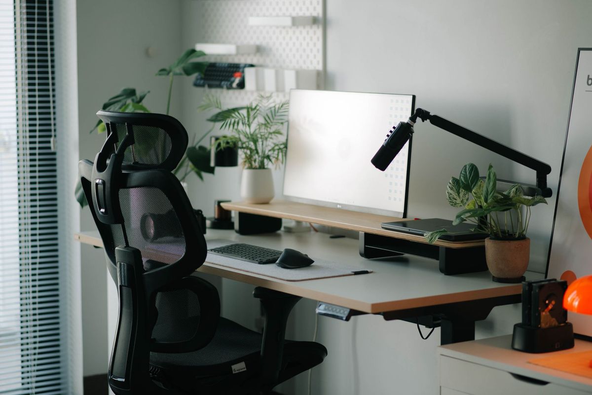 Black mesh ergonomic office chair at a home desk with a monitor and plants