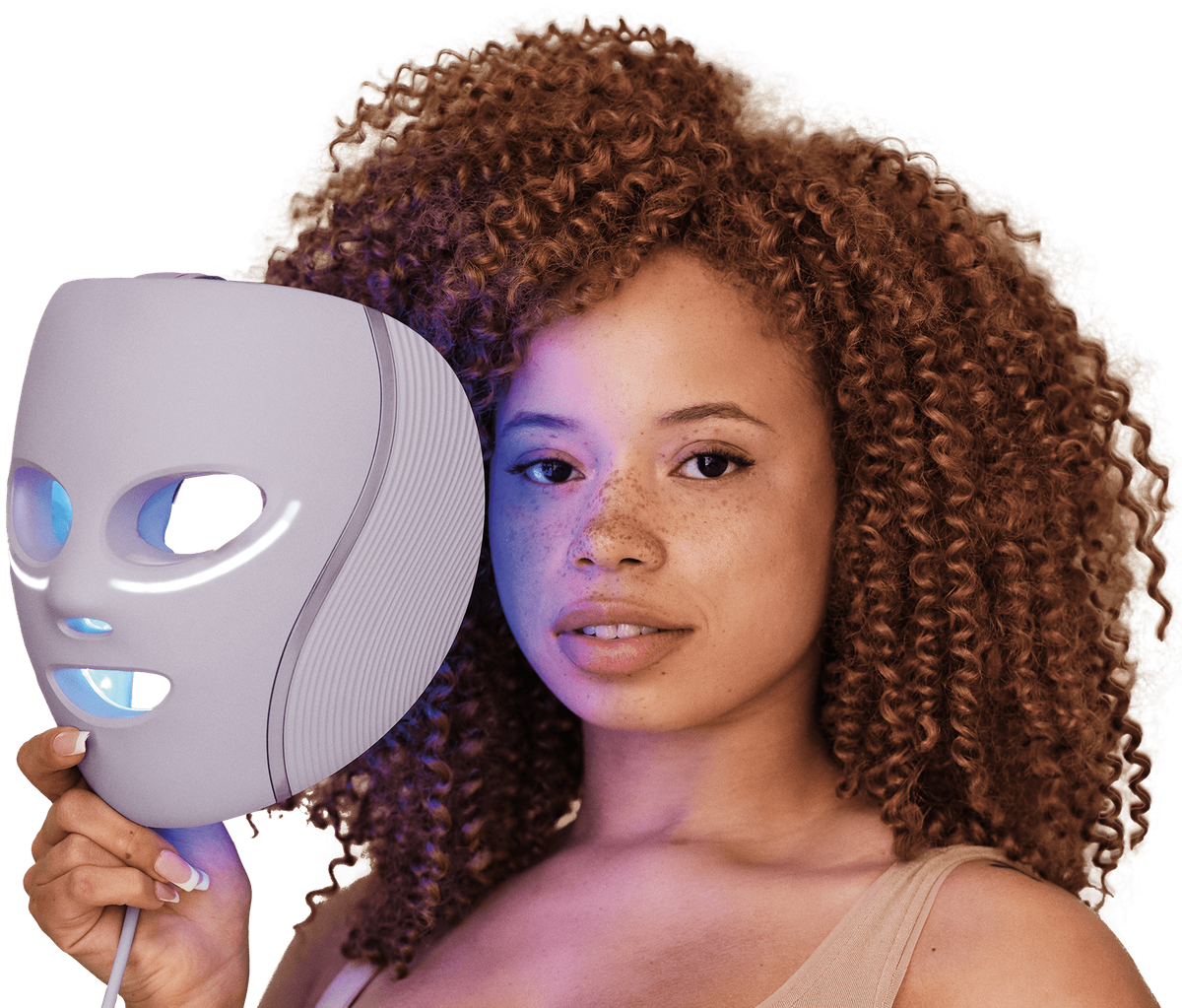 Person holding a lilac Shark CryoGlow mask beside their face.