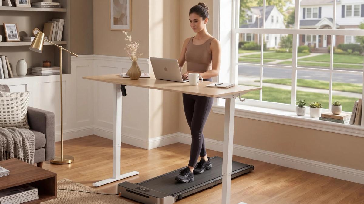 A woman walks on a walking pad under a standing desk while typing on a laptop in a bright home office.