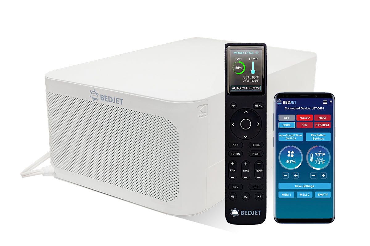 BedJet 3 white climate-control unit with its remote and smartphone controls.