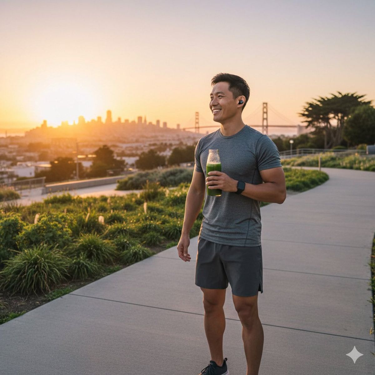 Man enjoying smoothie at sunset.