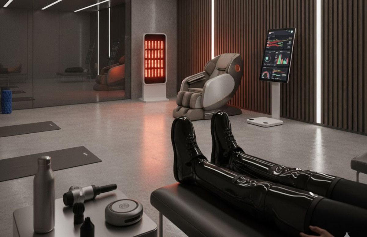 Futuristic wellness room with equipment.