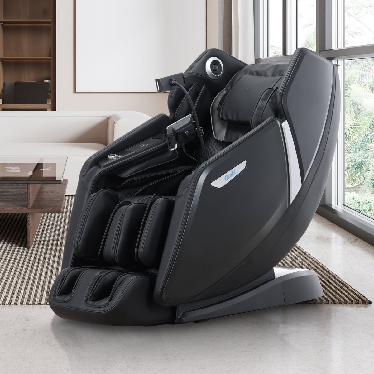 Black Osaki full-body massage chair with arm, calf and foot compartments in a living room.