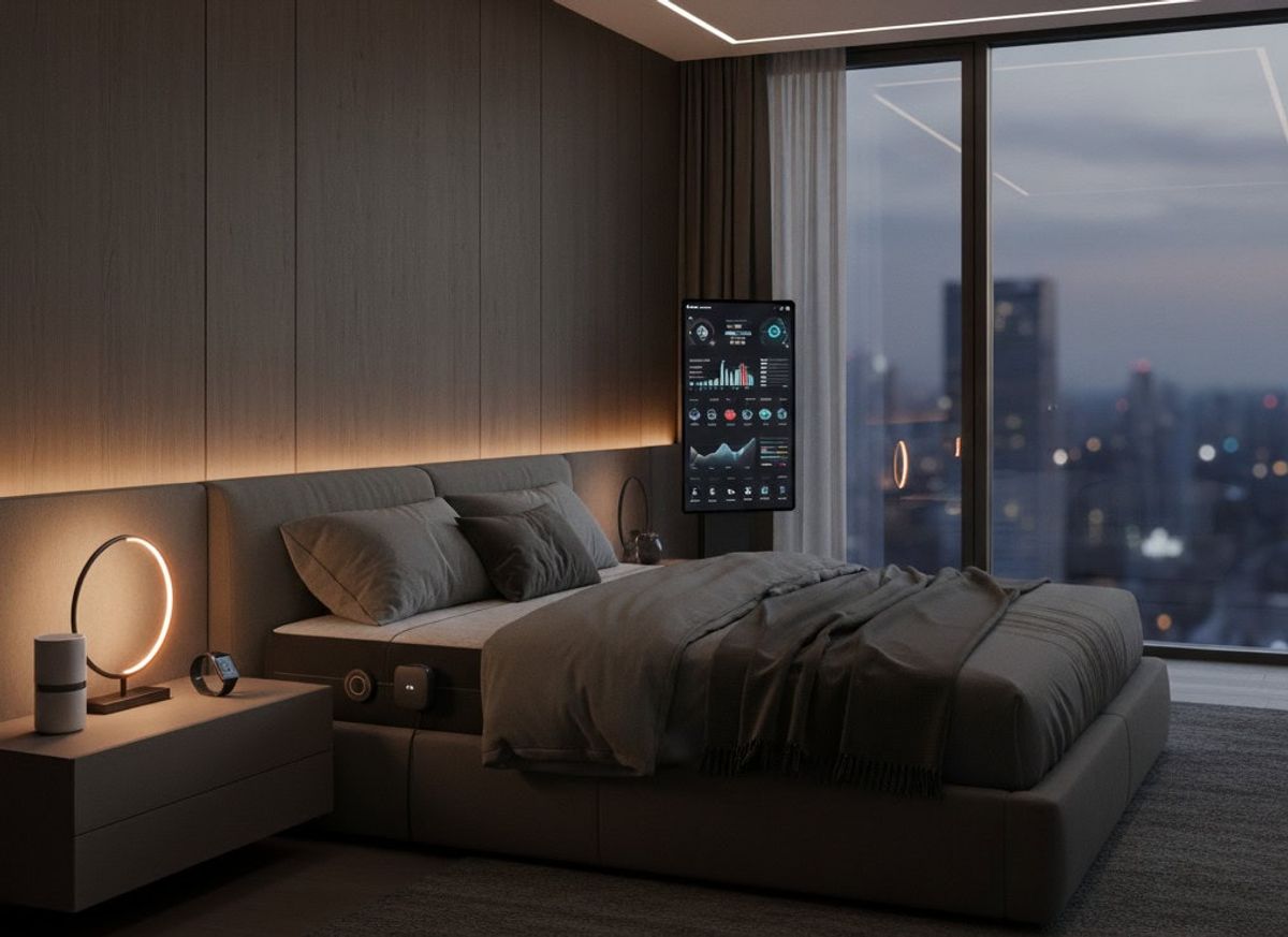 Modern bedroom with city skyline view