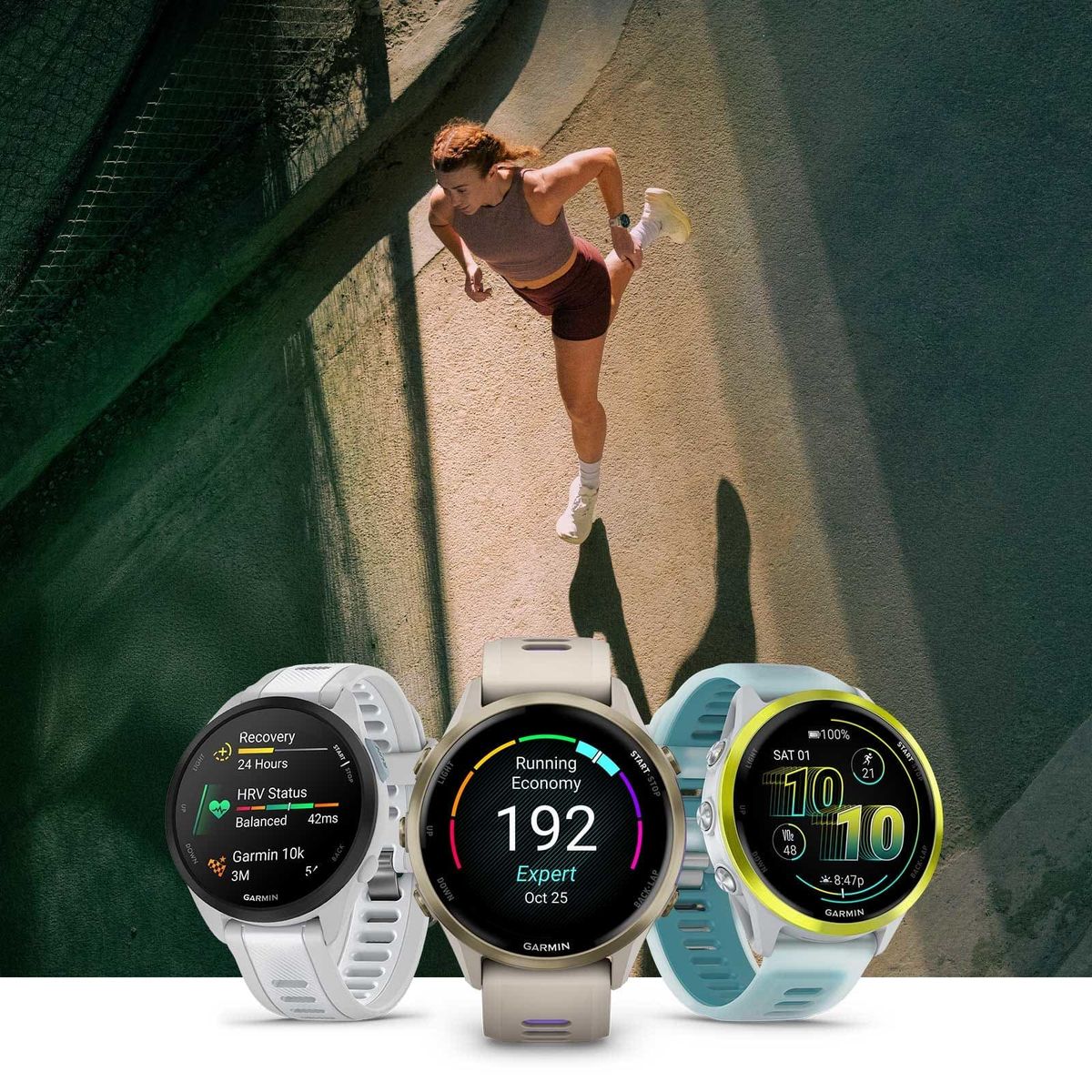 High-performance Garmin running watches displayed with a woman running outdoors, showcasing features for athletes and fitness enthusiasts, ideal for tracking workouts and health metrics.