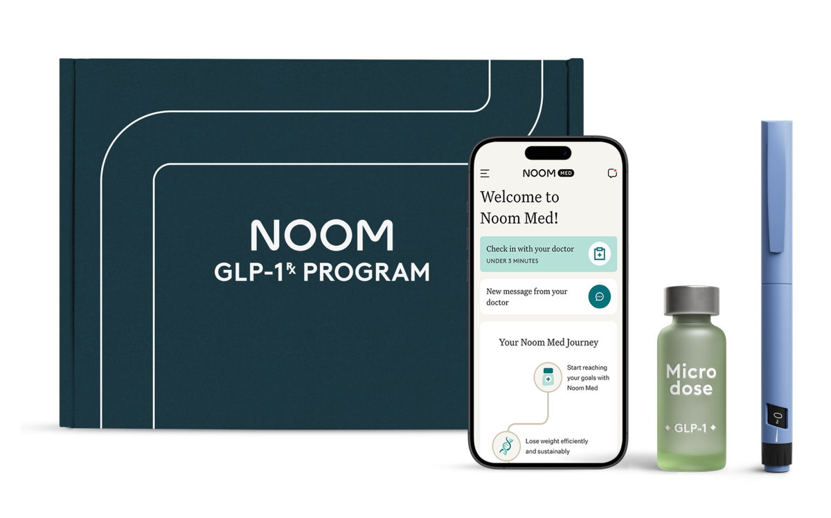 Noom GLP-1 program box beside a phone displaying the Noom Med app, a vial and an injection pen.