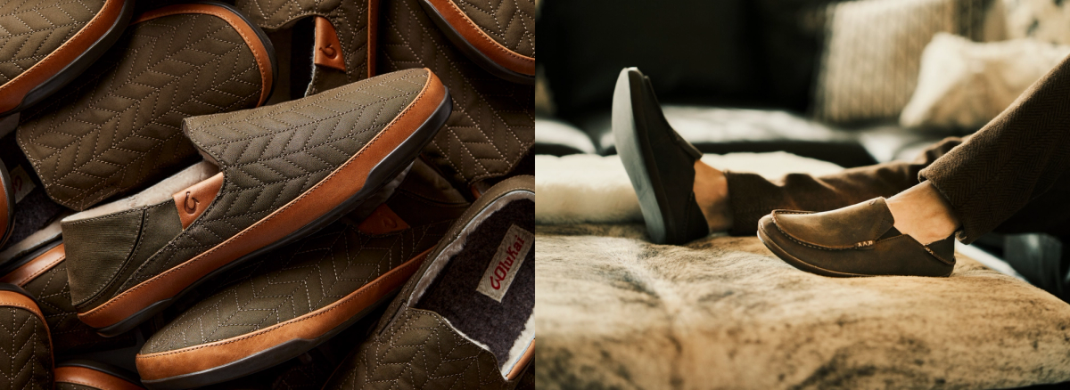 Quilted OluKai slippers beside a person wearing leather slippers at home.