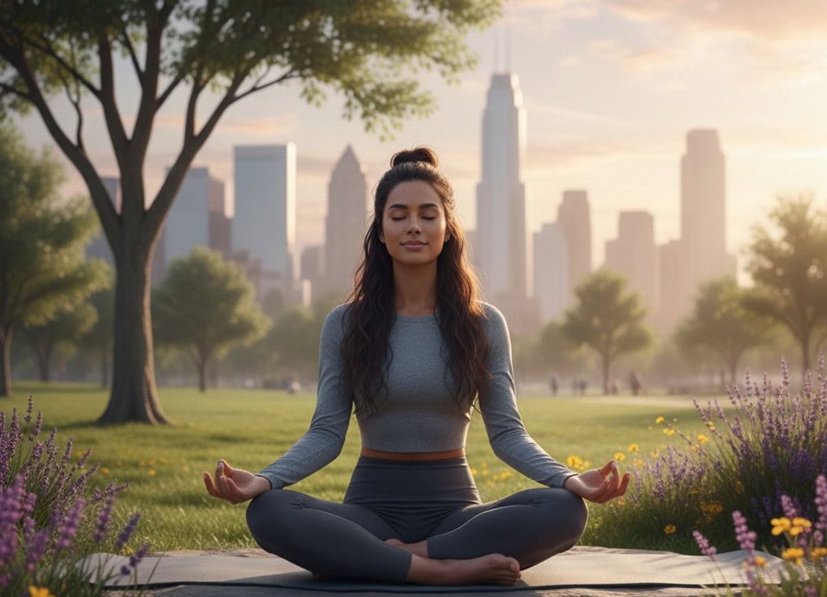 Woman meditating in a city park.