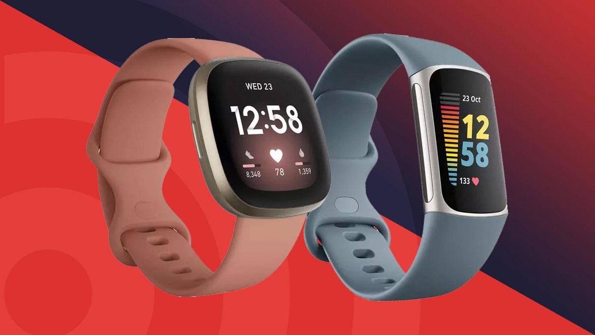 Fitbit smartwatches with health tracking features on vibrant red and navy background, showcasing advanced wearable technology for fitness and health monitoring.