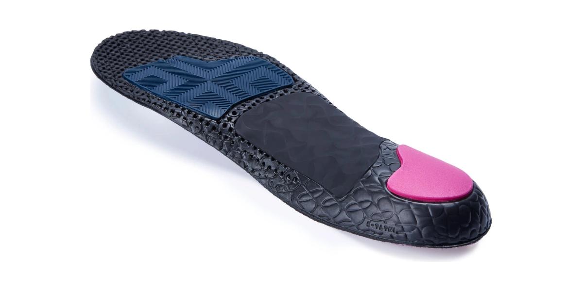 Underside of an arch-support insole with blue and pink cushioning pads, on a white background.