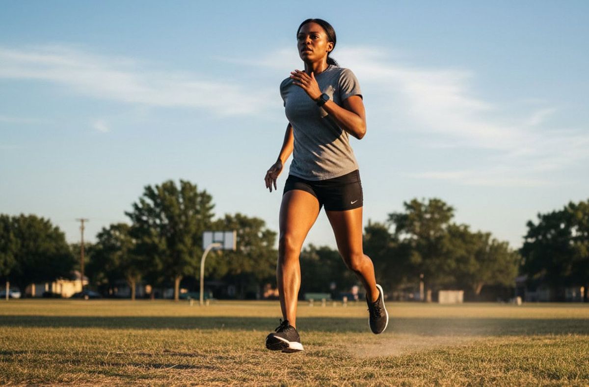 Active woman running outdoors on a football field with trees and a clear sky in the background, emphasizing fitness, health, and exercise.