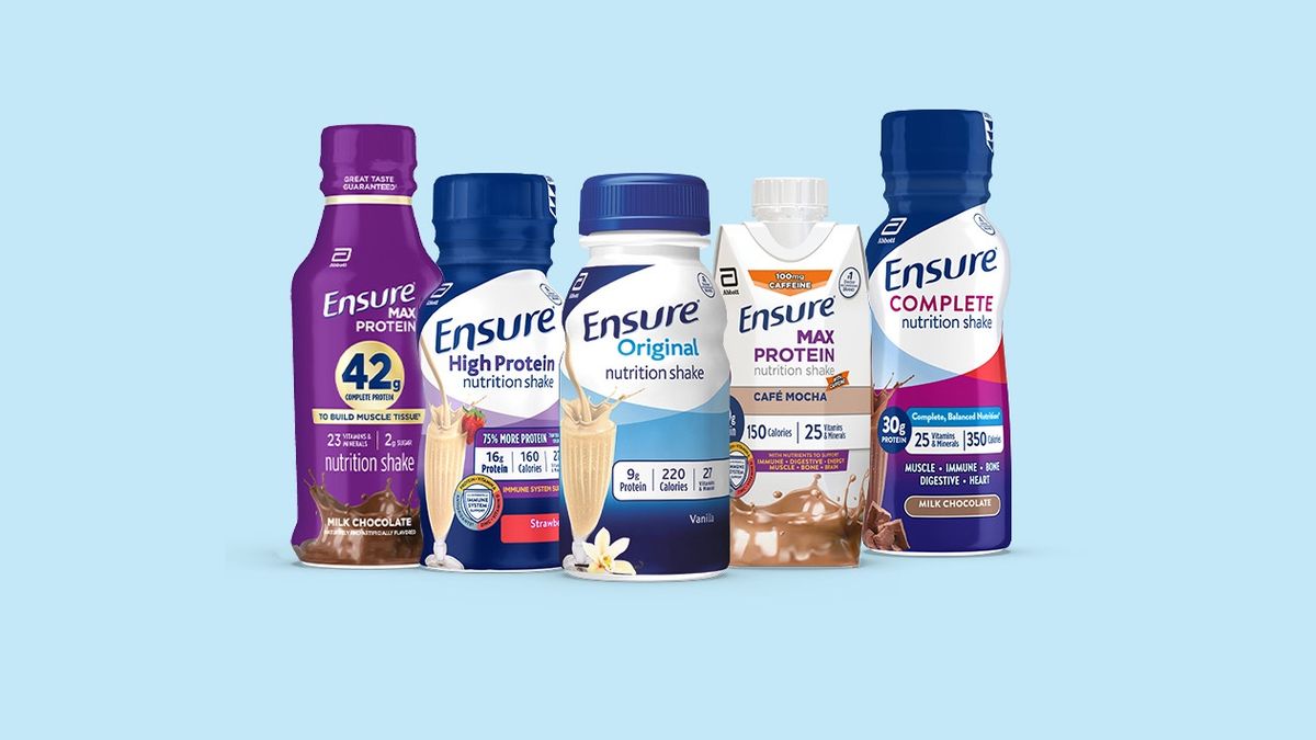 Five Ensure nutrition shakes, Max Protein, High Protein, Original, Max Protein Café Mocha and COMPLETE, on a light blue background.