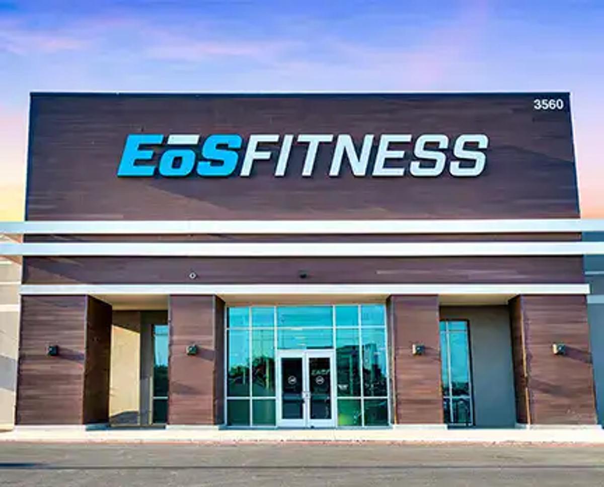 Modern Eos Fitness gym exterior signage showcasing a clean, inviting fitness center dedicated to wellness and health.