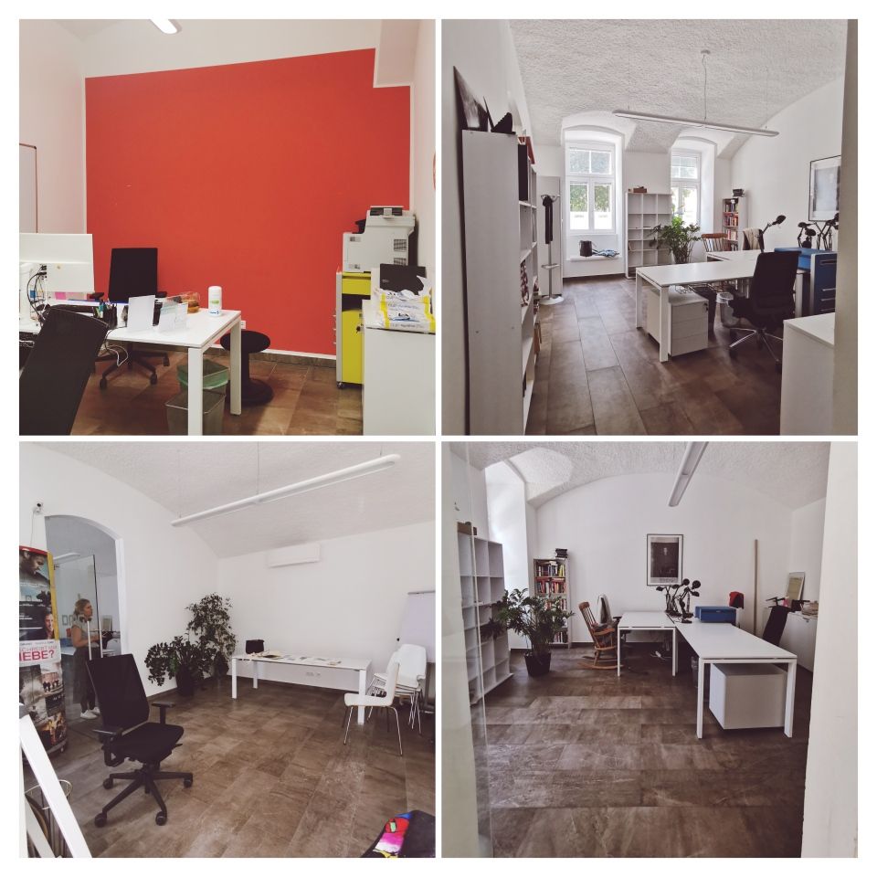 Vier Aufnahmen der Räume vor dem Umbau: ein dunkles Büro mit Schreibtischen, Regalen und einer roten Wand.