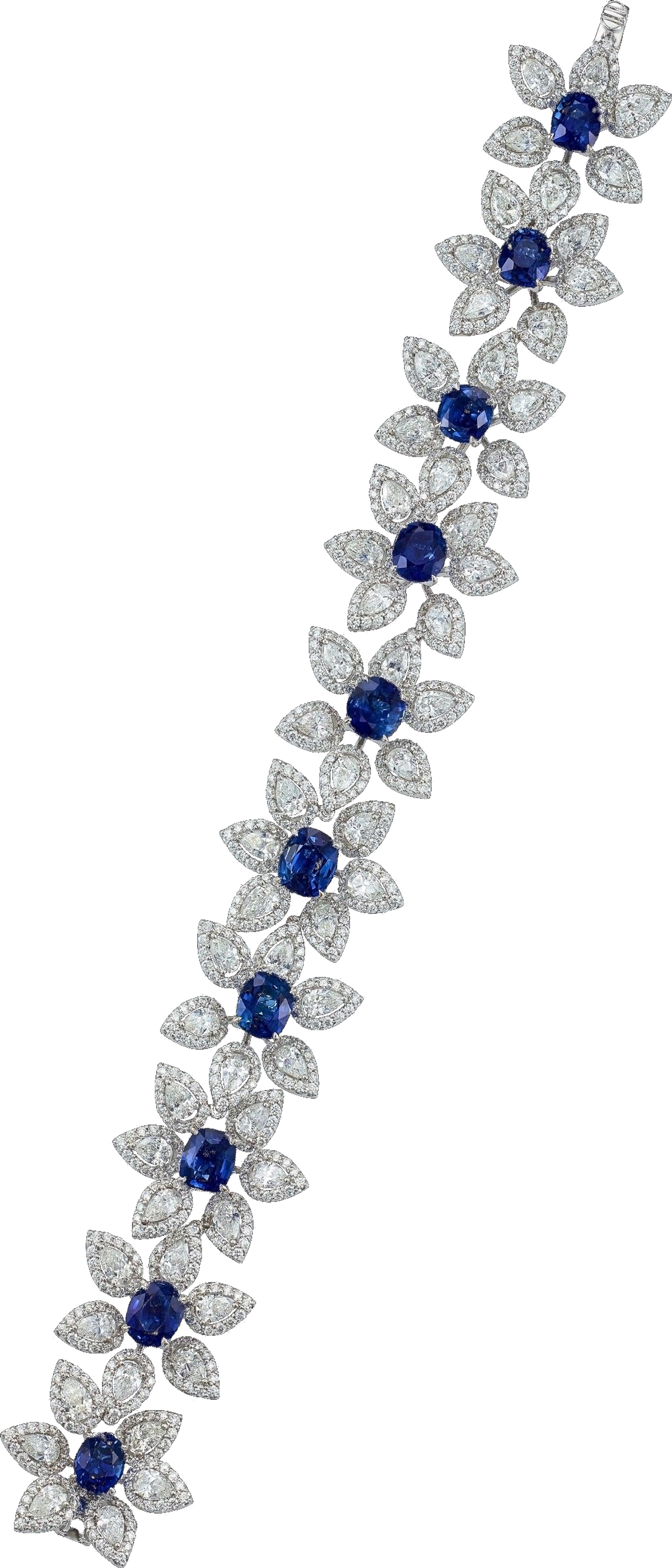 Sapphire floral bracelet photographed as a vertical column on jet black.