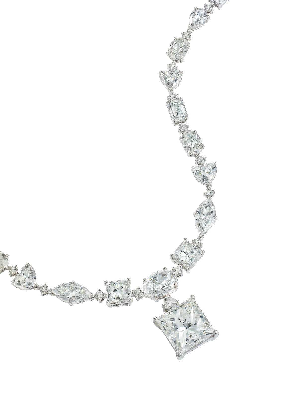 Asymmetric diamond Y-necklace terminating in a large princess-cut diamond on jet black.