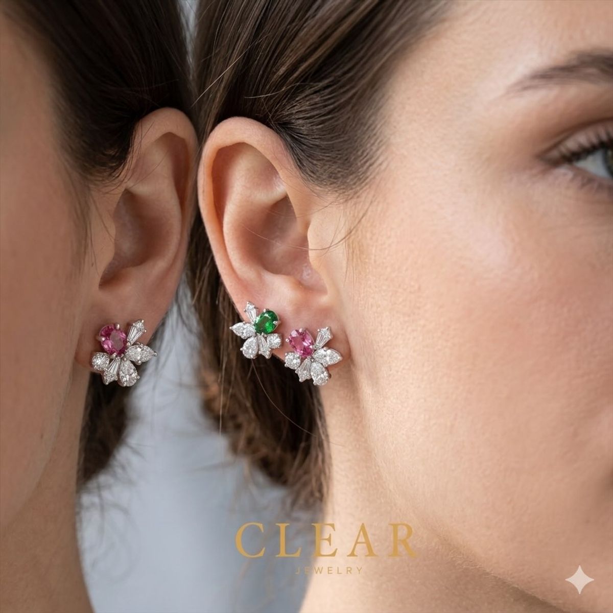 Two models in profile and three-quarter showing mismatched cluster studs.