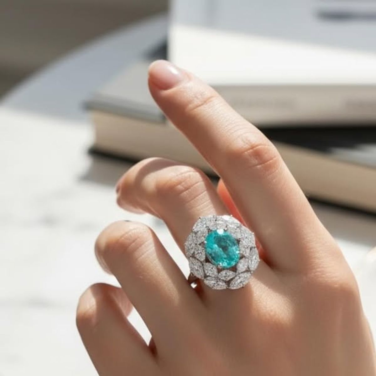 Paraiba tourmaline cluster ring on a hand resting beside a stack of books on white marble.