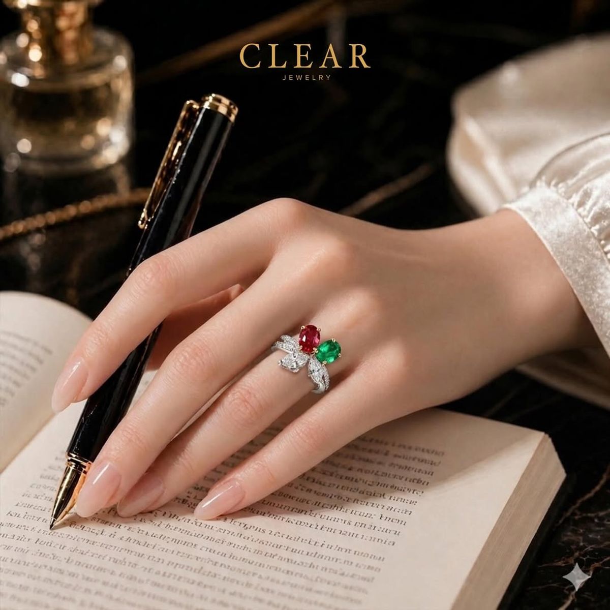 Hand on a leather-bound book wearing a ruby and emerald toi-et-moi ring.