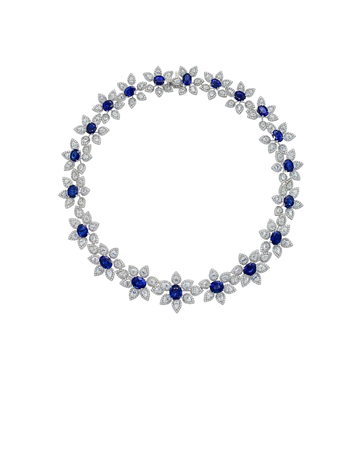 Royal blue sapphire and diamond floral choker on jet black.