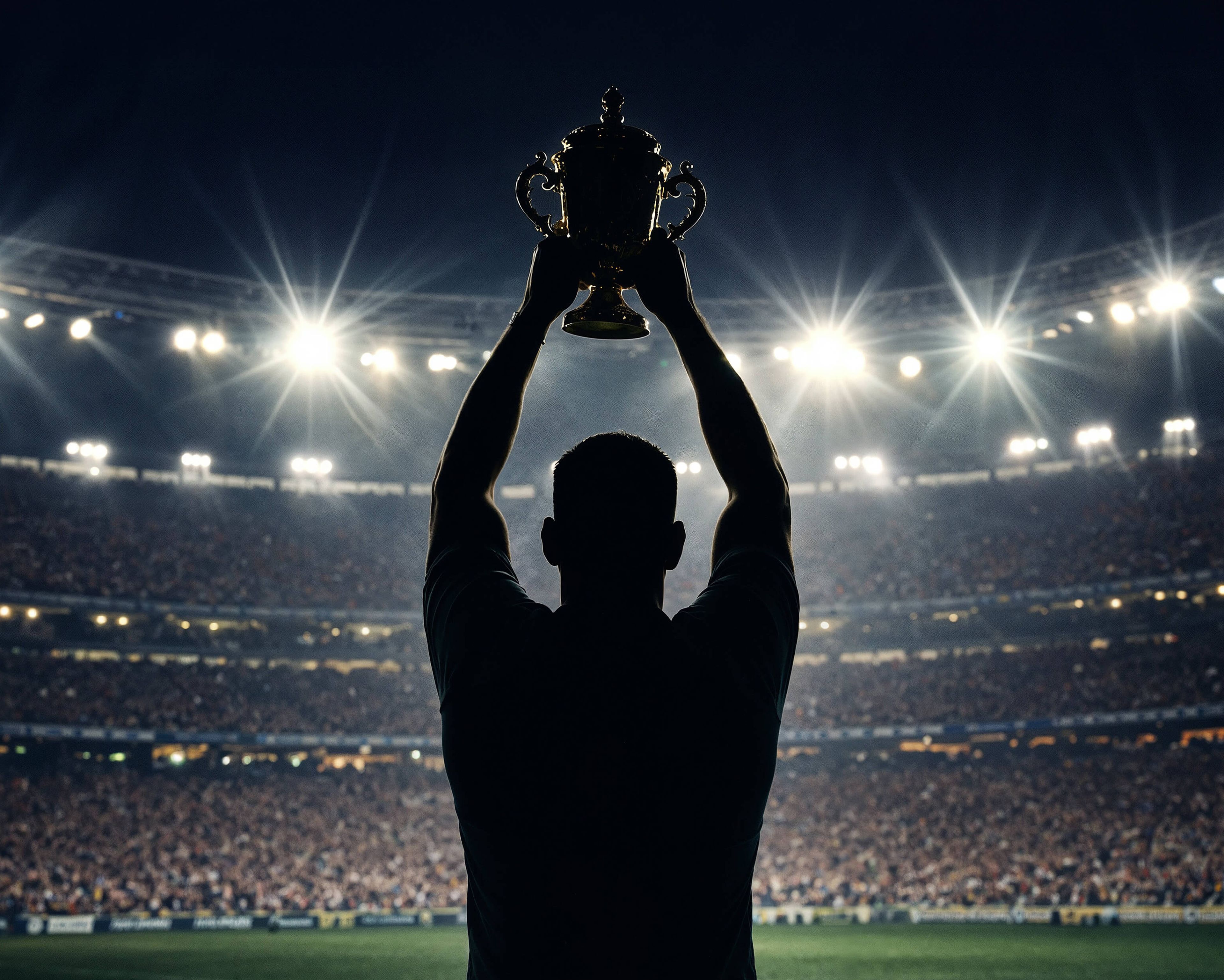 Man holding trophy in stadium