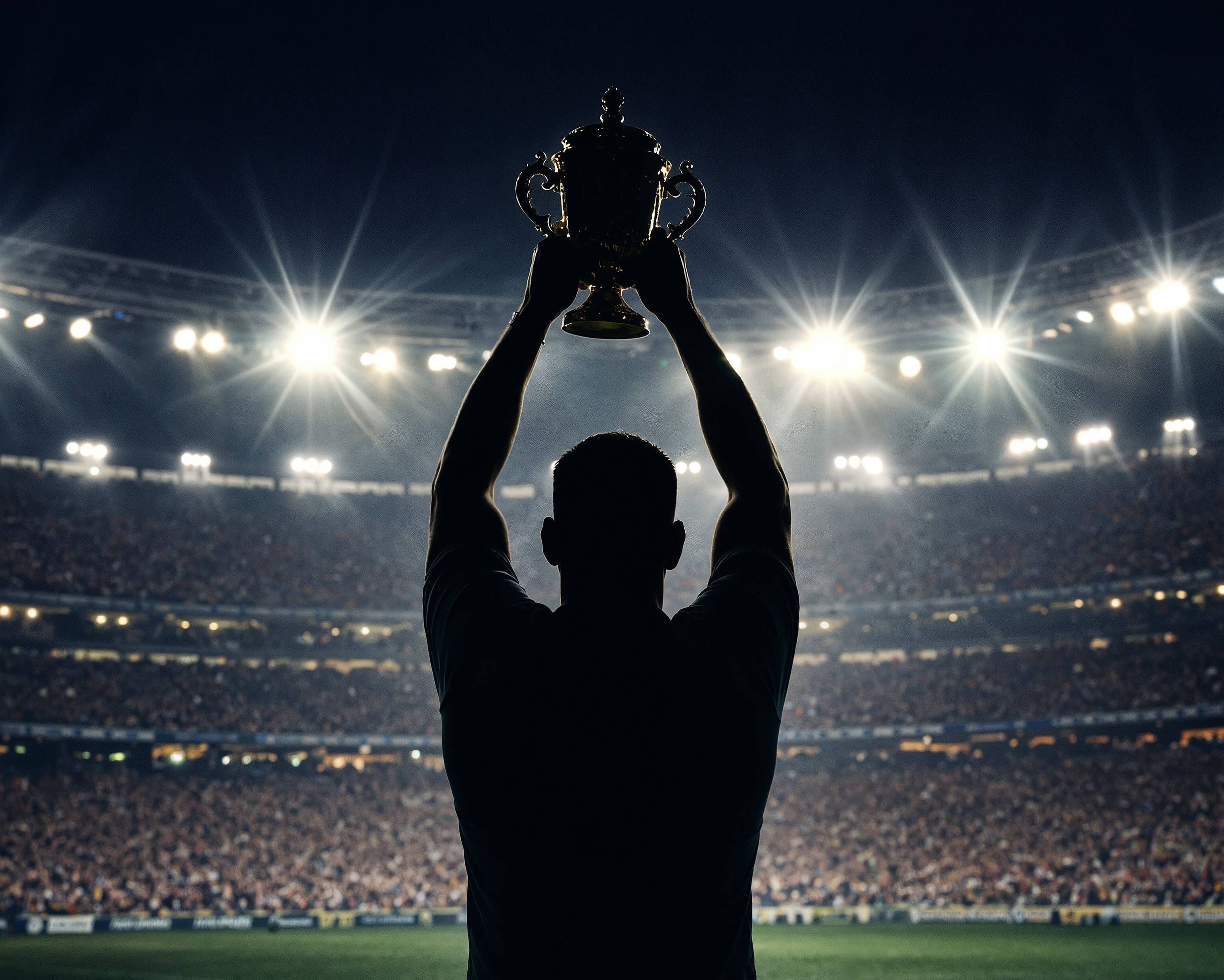 Man holding trophy in stadium