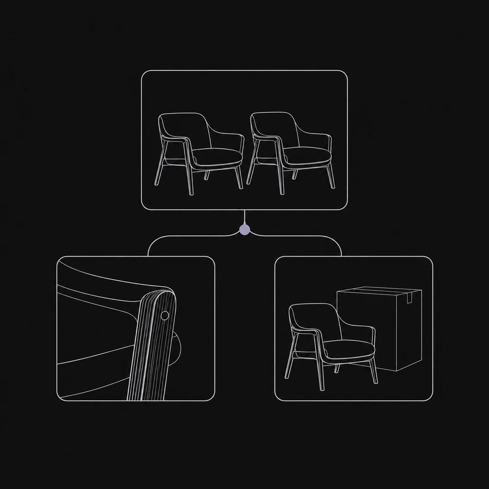 Furniture creative branching into collection, construction-detail and delivery views.