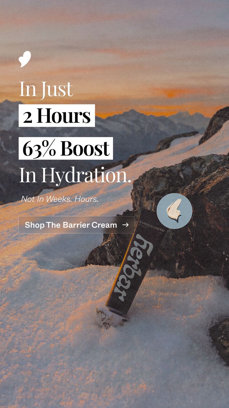 Herbar static ad shows a Barrier Cream tube on a snowy mountain at sunset, with a headline claiming a 63% boost in hydration in two hours.