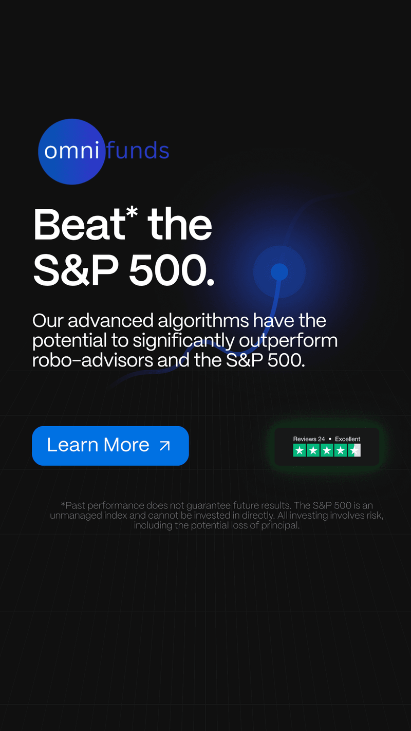 An Omni Funds static ad uses “Beat* the S&P 500” as its headline, with a review badge and “Learn More” button. Small print warns that past performance does not guarantee future results.