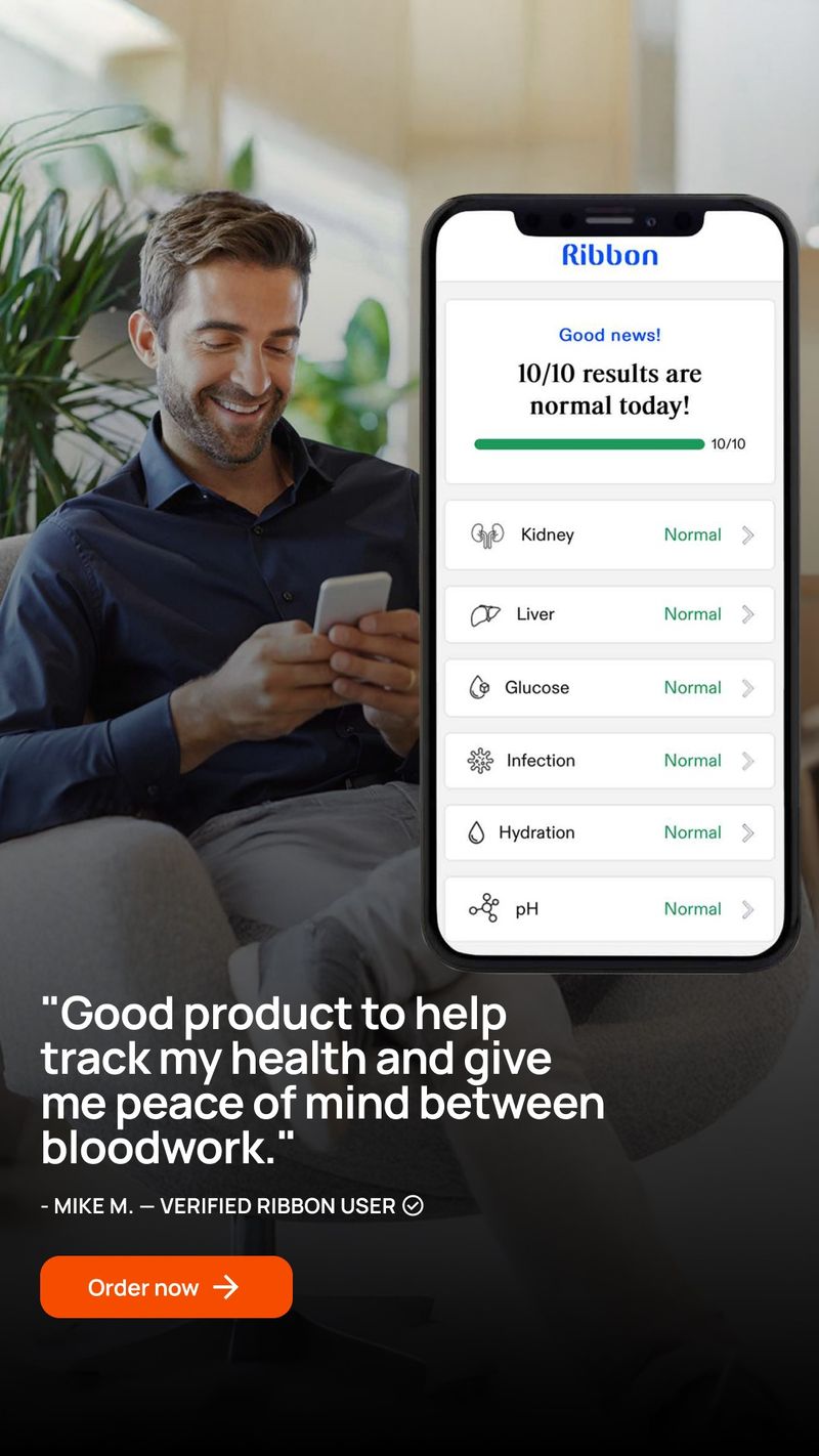 Ribbon static ad shows a man checking his phone beside an app mock-up reporting normal results. A customer testimonial describes tracking health between blood tests.