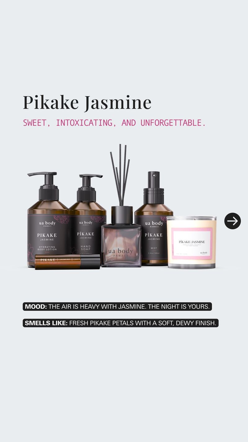 Ua Hawai‘i static ad presents the Pikake Jasmine range with amber pump and spray bottles, a reed diffuser and a candle. The headline describes the scent as “Sweet, intoxicating, and unforgettable.”