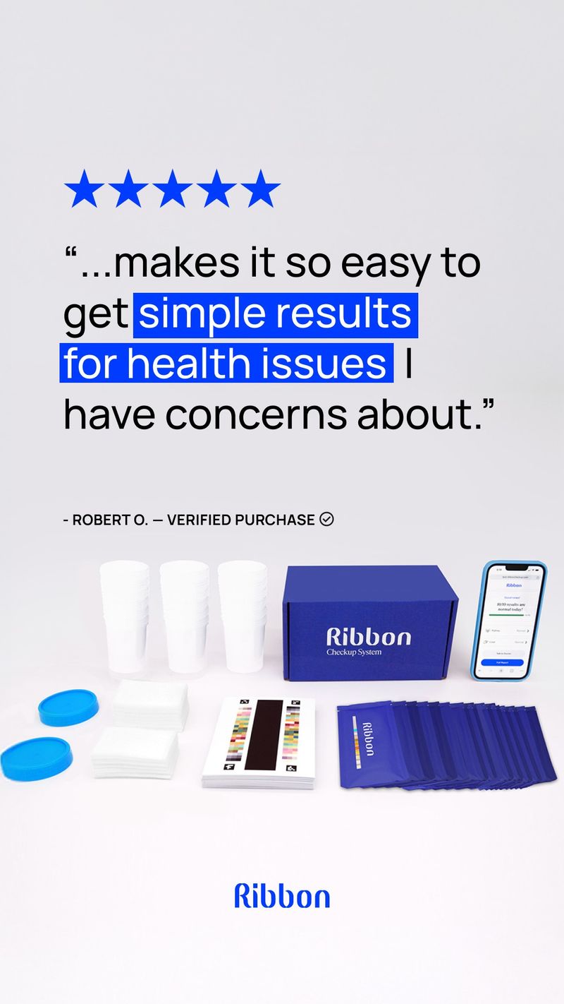 Ribbon static ad pairs a five-star customer testimonial with a blue test-kit box, sample cups, test strips and a phone showing the app. The quote describes getting results for health concerns.