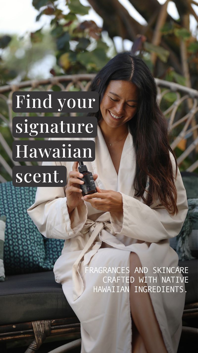 Ua Hawai‘i static ad shows a woman in a cream robe holding a pump bottle above her palm beneath “Find your signature Hawaiian scent.” Supporting copy promotes fragrances and skincare made with native Hawaiian ingredients.