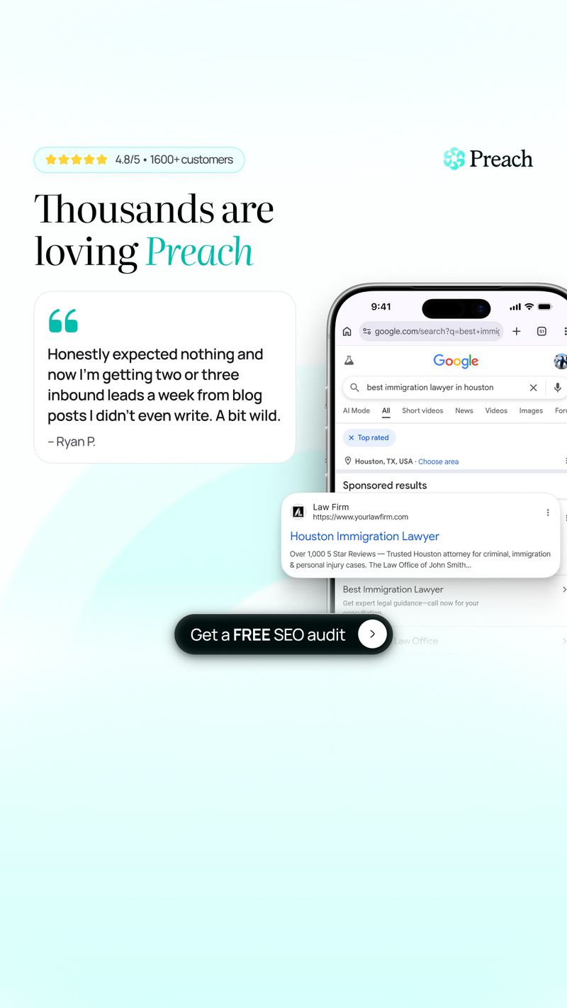 A Preach static ad pairs “Thousands are loving Preach” with a customer quote, a star-rating badge and a phone showing Google search results. A button offers a free SEO audit.