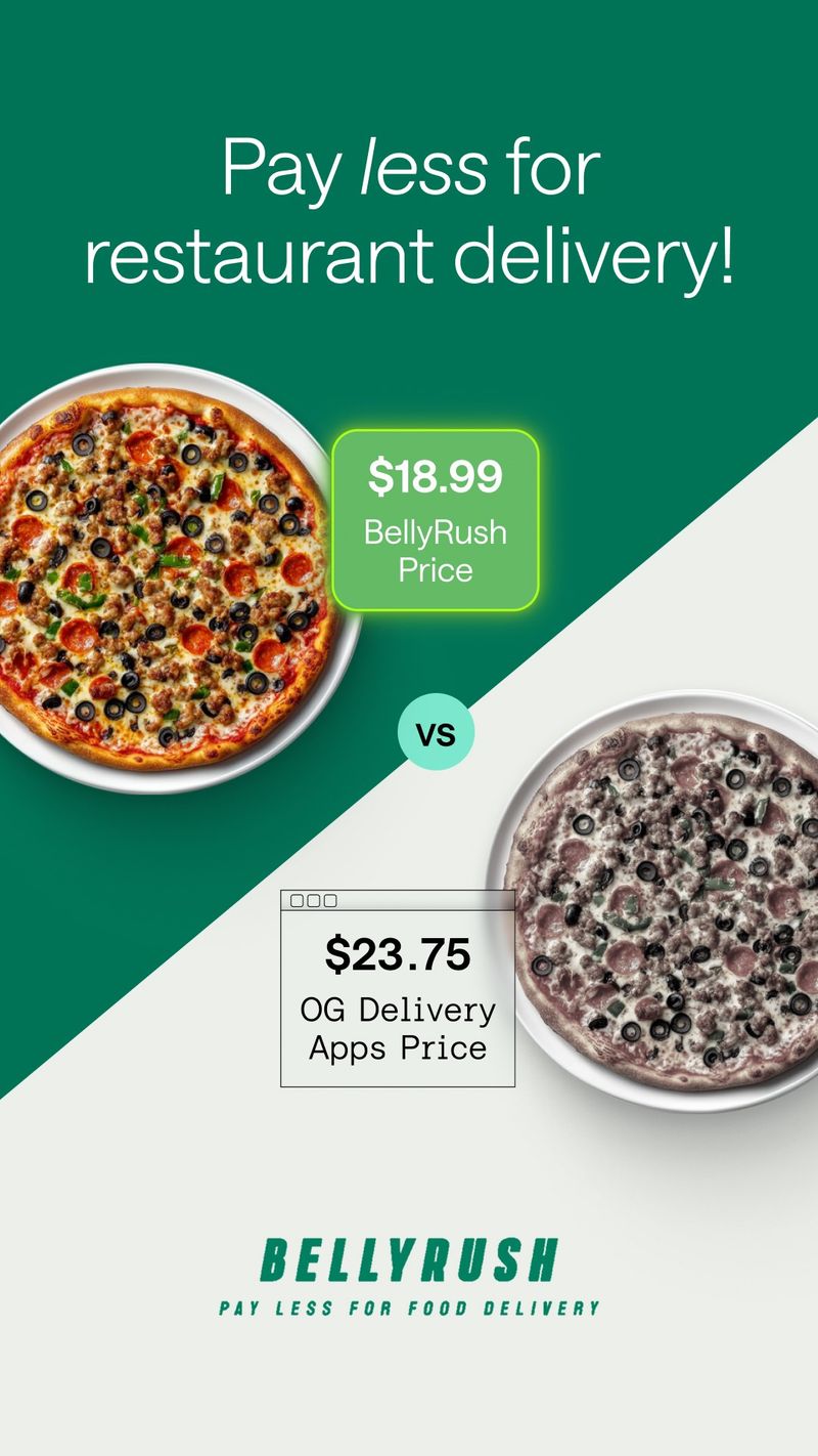 BellyRush static ad compares pizza delivery prices, showing $18.99 for BellyRush against $23.75 for other delivery apps under the headline “Pay less for restaurant delivery!”