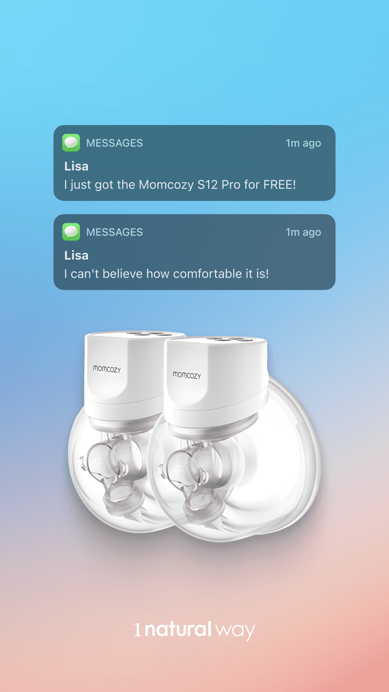A Natural Way static ad shows two Momcozy S12 Pro breast pumps against a blue-to-pink background. Simulated message notifications from “Lisa” promote a free-pump offer and describe it as comfortable.