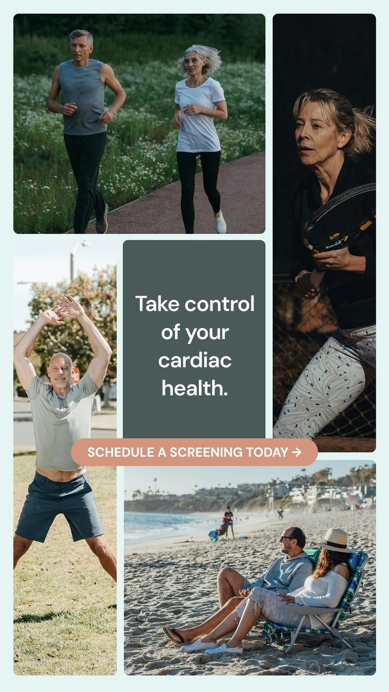 A Memorial Longevity Clinic static ad shows a collage of adults exercising and relaxing at the beach. “Take control of your cardiac health” leads into a screening booking prompt.