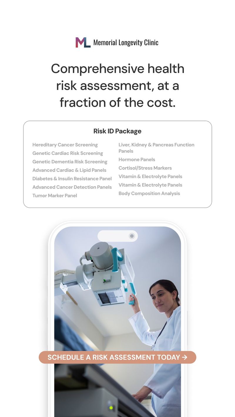 A Memorial Longevity Clinic static ad pairs its “Risk ID Package” screening list with a clinician beside medical equipment. The headline promotes a comprehensive health risk assessment at “a fraction of the cost.”