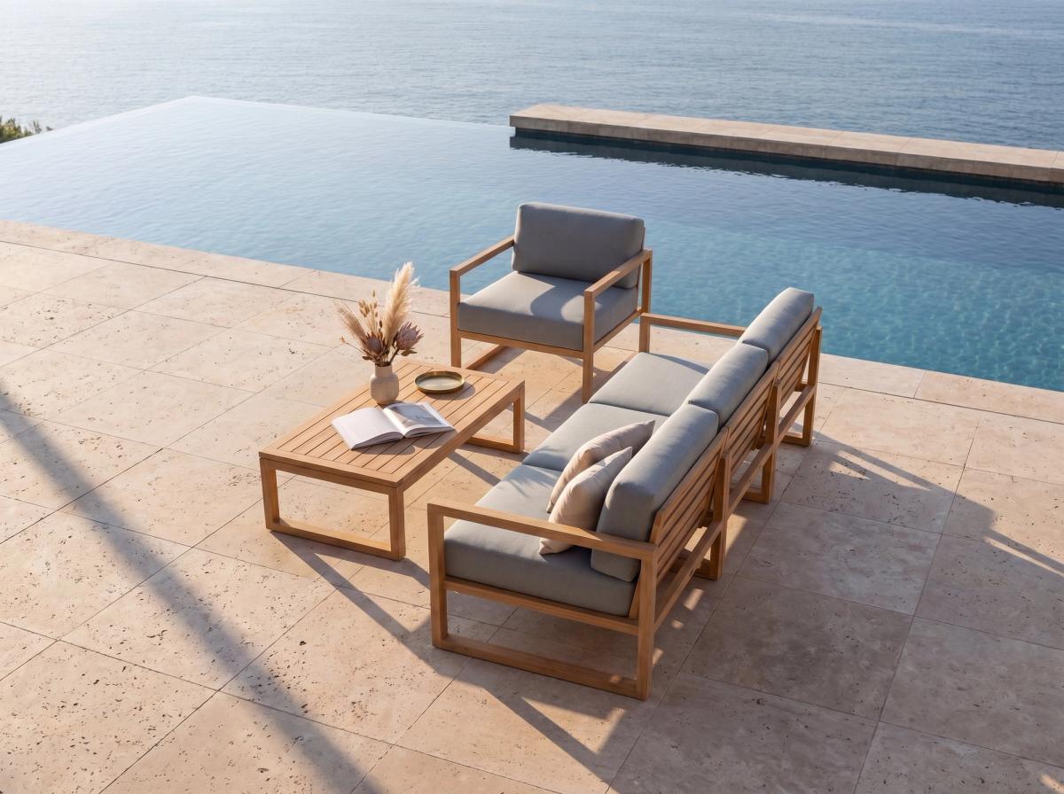 Madbury Road outdoor sofa, armchair and coffee table beside an infinity pool