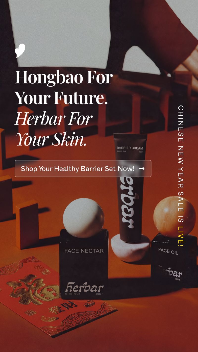 Herbar Chinese New Year sale ad shows its Healthy Barrier Set among red envelopes and geometric display stands, with the headline “Hongbao For Your Future. Herbar For Your Skin.”