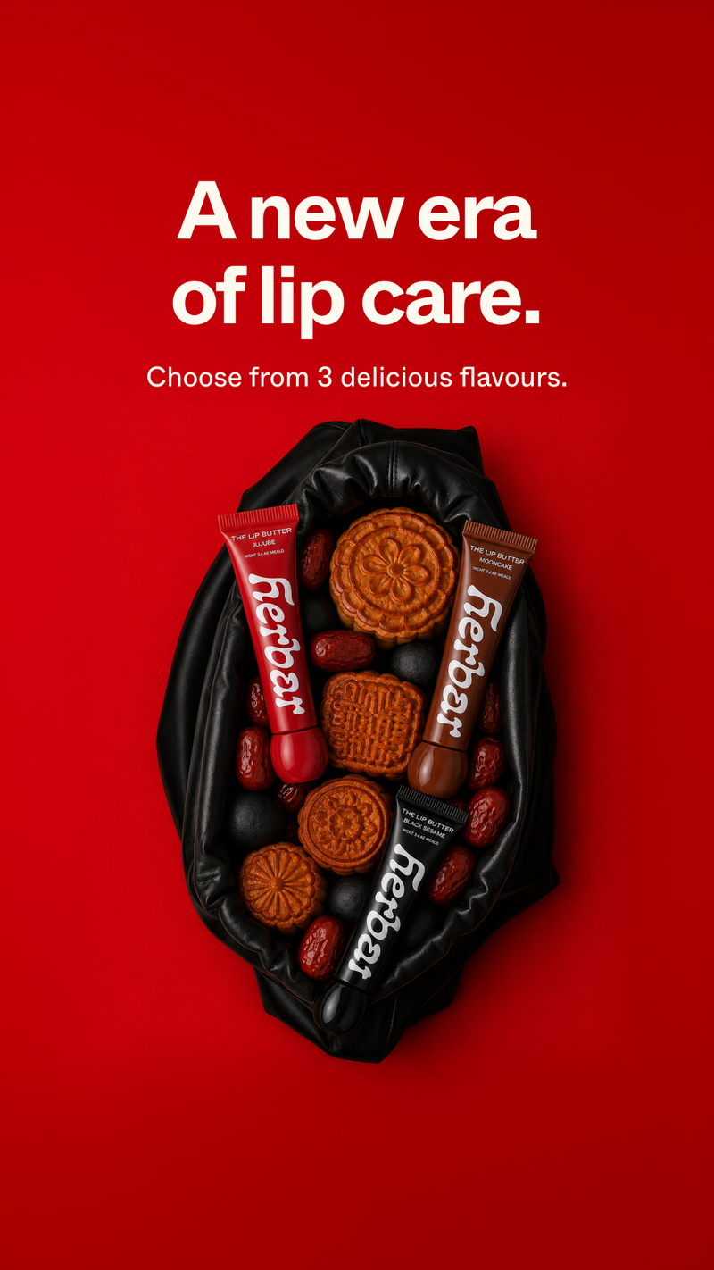 Herbar static ad shows Jujube, Mooncake and Black Sesame Lip Butter tubes resting on mooncakes and red dates in a black leather pouch. The headline reads “A new era of lip care.” above “Choose from 3 delicious flavours.”