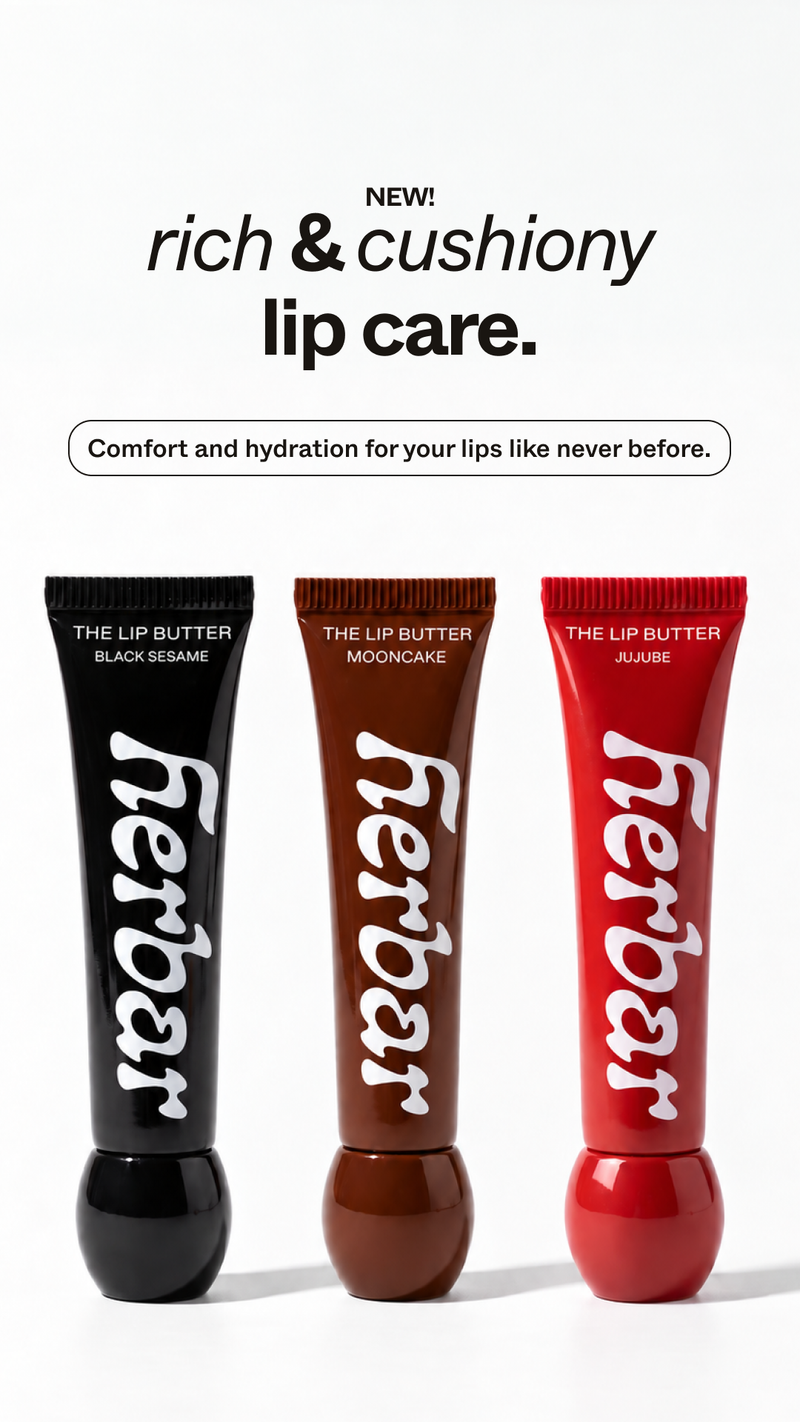 Herbar static ad lines up Black Sesame, Mooncake and Jujube Lip Butter tubes on a white background under “NEW! rich & cushiony lip care.” A pill reads “Comfort and hydration for your lips like never before.”