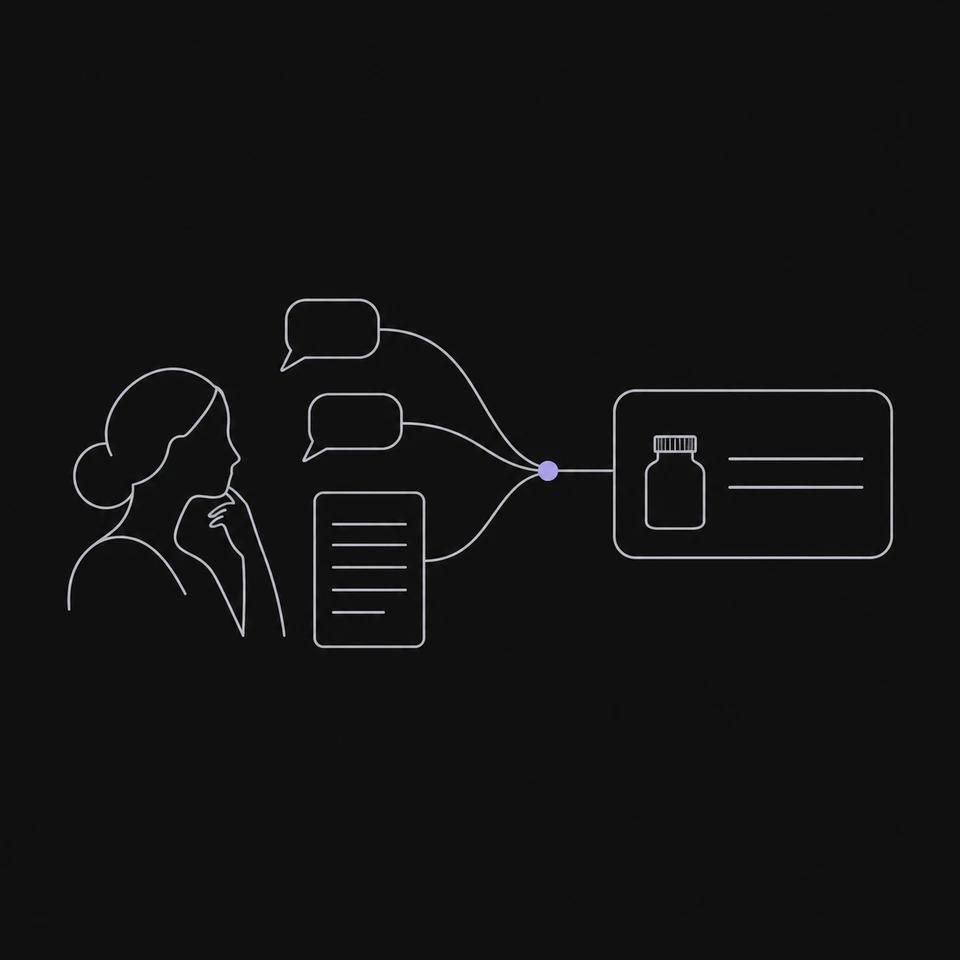 Customer questions and source material connected to a health-product creative.