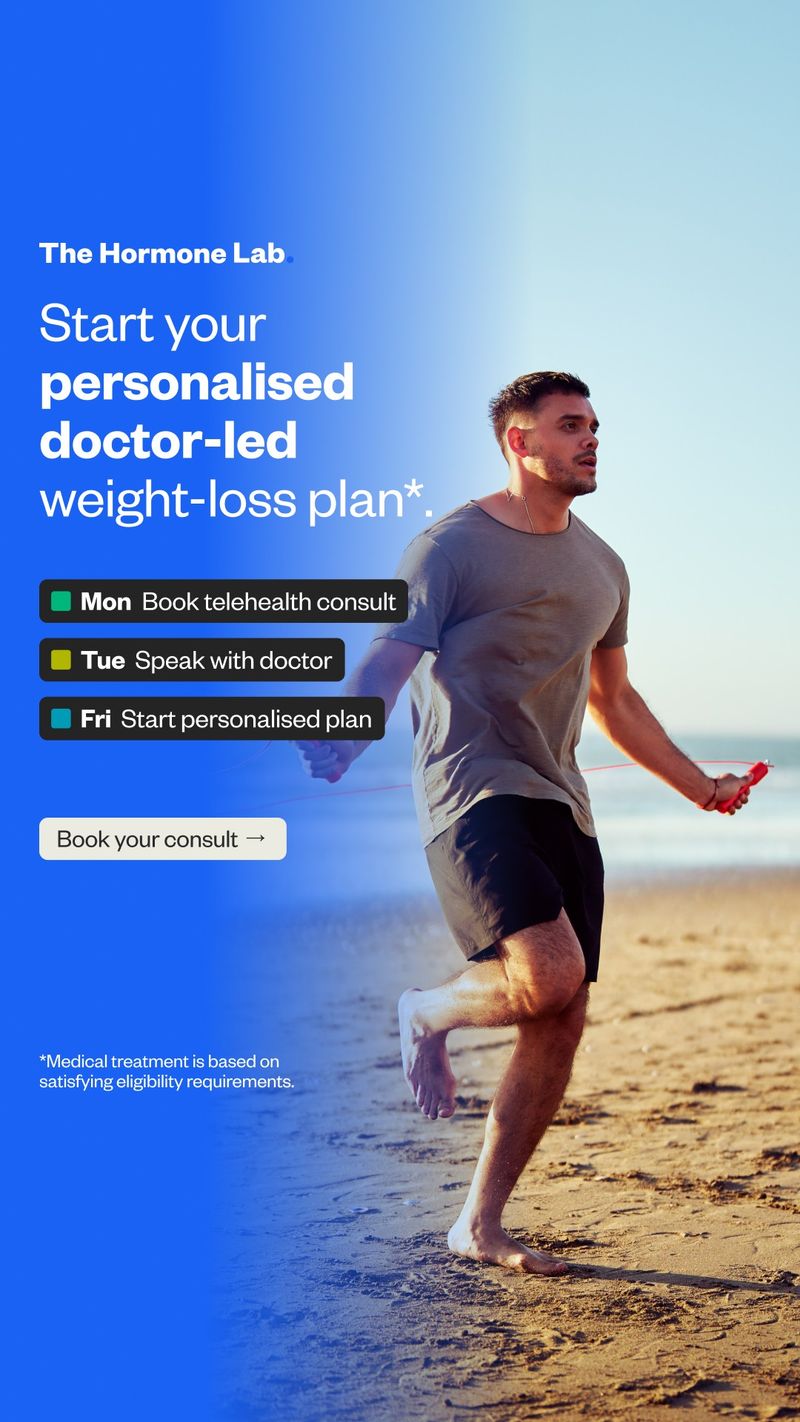 The Hormone Lab static ad shows a man skipping rope on a beach beside a headline promoting a personalised, doctor-led weight-loss plan. A three-step list covers booking a telehealth consult, speaking with a doctor and starting the plan.