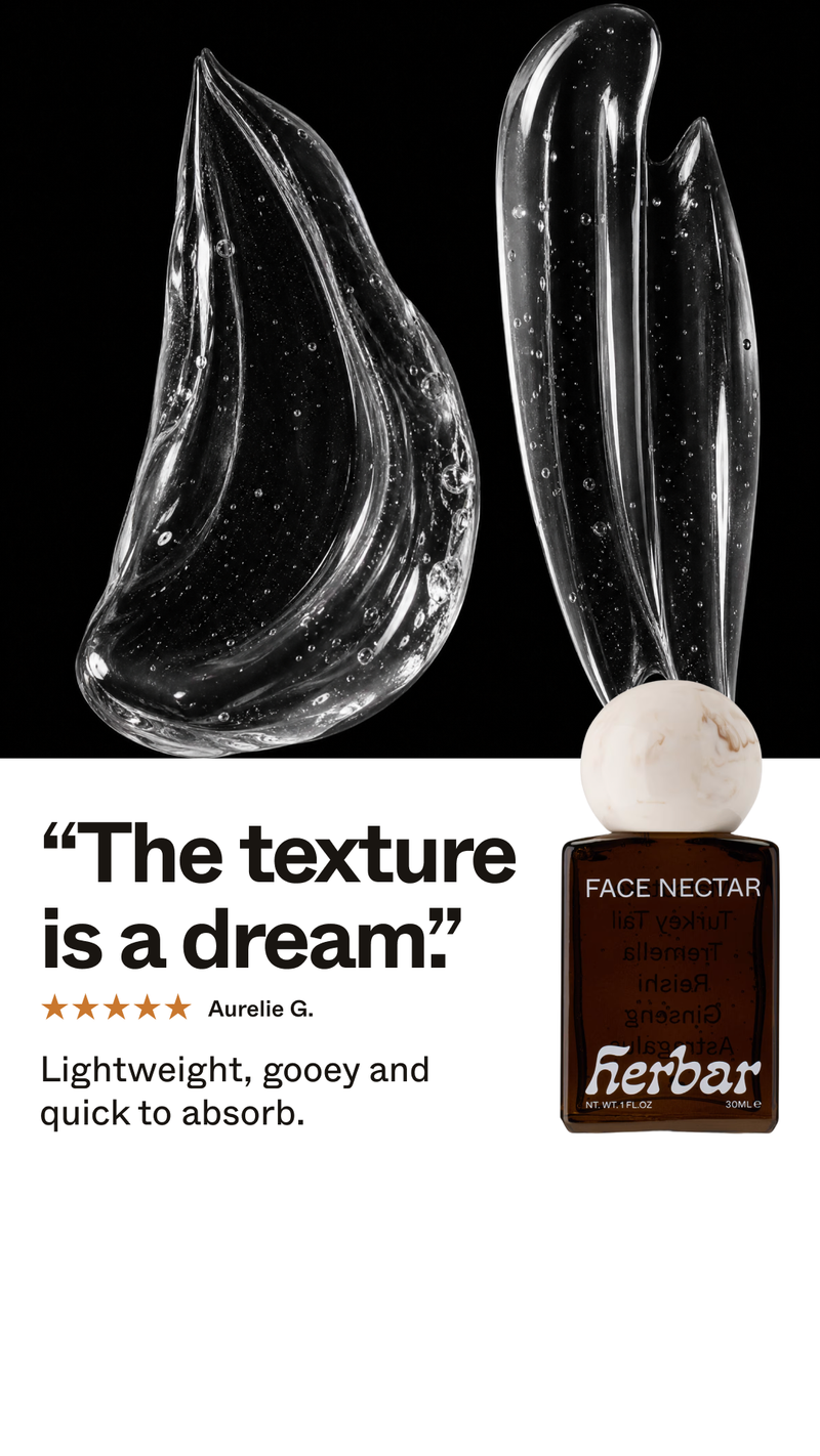 Herbar static ad pairs clear gel texture swirls on black with a Face Nectar bottle. A five-star review from Aurelie G. reads “The texture is a dream.” above “Lightweight, gooey and quick to absorb.”