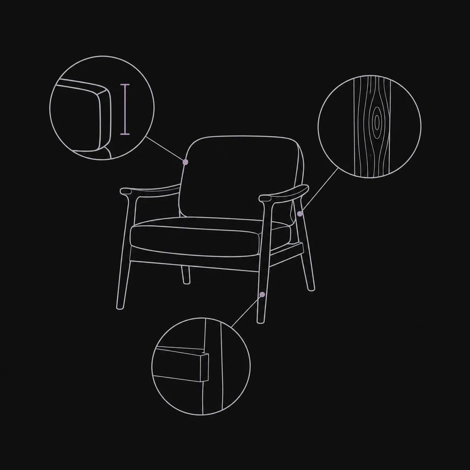 A chair examined through close-ups of its dimensions, material and packaging.