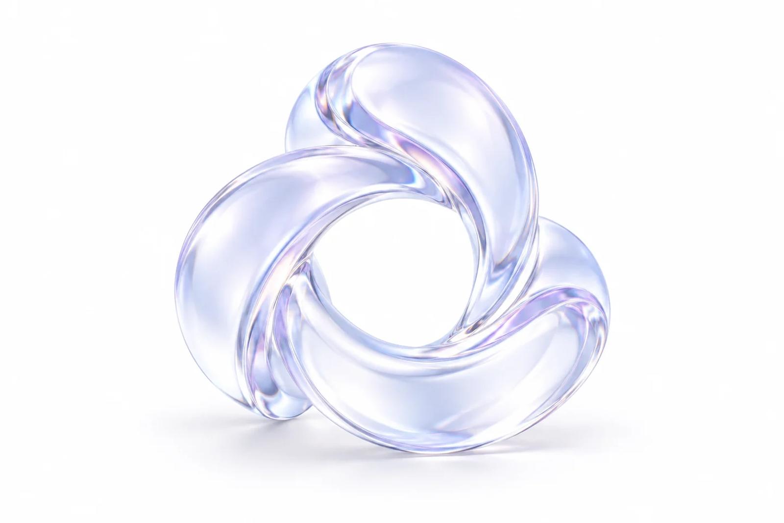 Three translucent glass ribbons curve into a shared open ring, with pale lavender reflections on white.