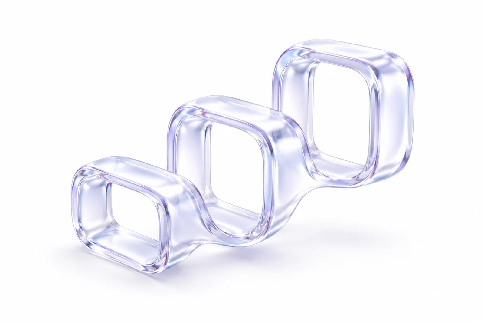 A continuous translucent glass ribbon forms three ascending rounded rectangular loops on white.