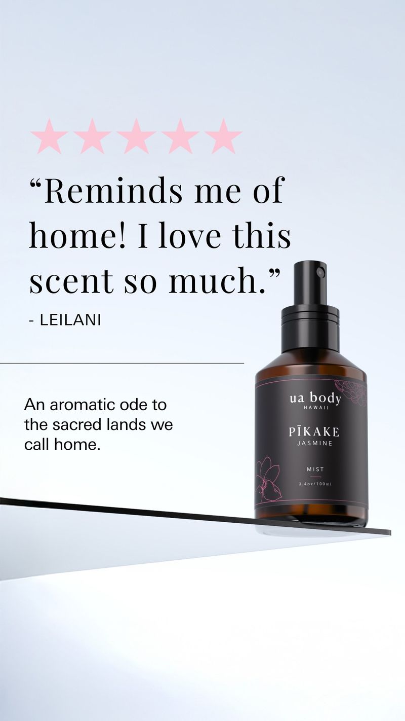 Ua Hawai‘i static ad pairs a Pikake Jasmine mist bottle with five pink stars and Leilani’s testimonial: “Reminds me of home! I love this scent so much.”